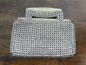 x Vintage Art Deco Sparkling Rhinestone Studded Mesh Ivory Satin Evening Bag
