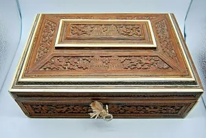 LARGE Antique Anglo Indian Vizagapatam Sadeli carved inlaid wood sewing Box +key