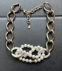 Genuine Swarovski Donatella Pearl Chunky Necklace, Gold Tone Plated