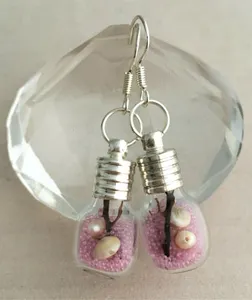 Handmade Glass Bottle Earrings + Shark Eye Seashell Pearl Sea fan & Pink Caviar