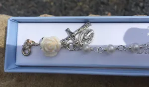 Dyadema Sterling Silver Bracelet With Fresh Water Pearl, holy medallion and rose