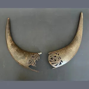 Antique Pair of Ornate Hand Carved Buffalo Horns with Wayang Etched Figures 15"