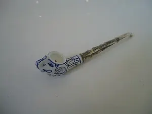 Elephant Vintage Style Smoking Pipe Blue & White Ceramic Clay Collectable