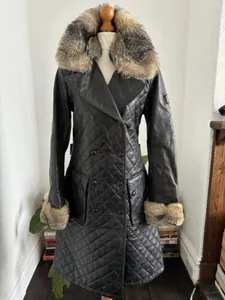 Ladies BELSTAFF black quilted Leather Double-Breasted Trench Coat With Fur Trim