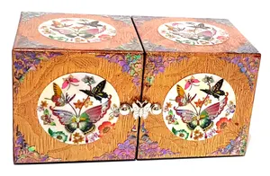 Korean Mother of Pearl Inlaid & Silk Wrapped Twin Cubic Jewellery Organiser Box
