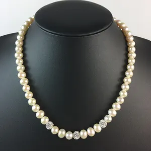 Cultured Pearl Necklace Oval 9mm Pearls With Diamanté Beads Wedding 925 Catch