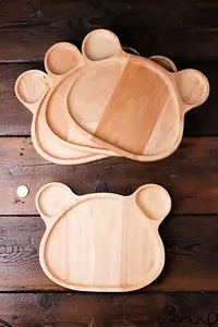 Set 4 Wooden Bear Shaped Plates Natural Wooden Bear Plate Serving Tray Handmade