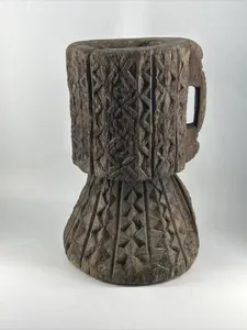 Stunning Rare Large Antique Carved Wood Mortar Ethnic Origin