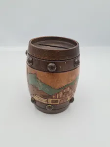 VINTAGE  MONEY BANK IN SHAPE OF A BARREL WOODEN SOUVENIER PLEASE SEE PHOTOS