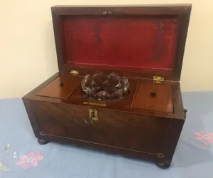 REGENCY BRASS INLAID CARVED FLAME MAHOGANY SARCOPHAGUS TEA CADDY C1830'S