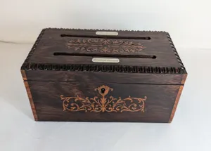 Antique Victorian Beaded Dark Wood Letter Box Mother of Pearl Engraved Patterns
