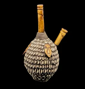 Vintage African Tribal Pipe Congo Hookah Gourd Shells Carved Faces & Pipes