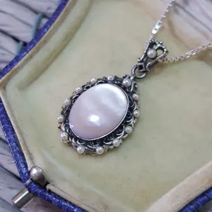 Vintage 925 Sterling Silver Necklace, Pink Mother of Pearl Pendant, Faux Pearls