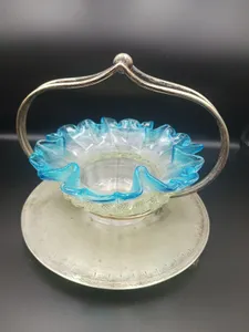 💚Stevens & Williams Sweetmeat & Silver Plt Stand 1800s Antique Vaseline Uranium