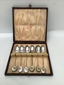 Vintage Chinese Silver Plated Tea Spoons Boxed Mother of Pearl Good Luck Symbol
