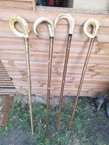 4 X RAMS HORN  CROOK on HAZEL shaft walking hiking and beaters stick.