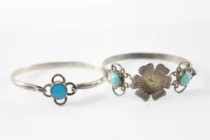 Sterling Silver Mexico Floral Stone Set Bangles x 2 (26g Silver)