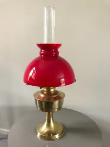 Aladdin 23 Brass Oil Lamp with Red Shade & Glass Funnel - Used