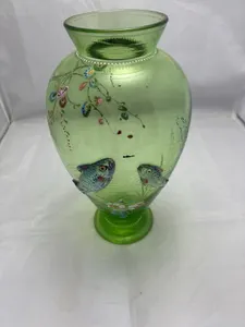 Antique Rare Moser Art Nouveau Bohemian Applied Fish Glass Vase Enamelled