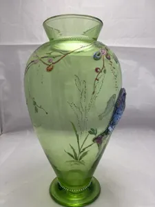 Antique Rare Moser Art Nouveau Bohemian Applied Fish Glass Vase Enamelled
