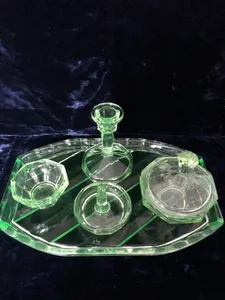 Art Deco Uranium Glass 5 Piece Dressing Table Set Vintage Used