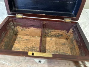 Antique Mahogany Sarcophagus Tea Caddy MOP Inlay w/ Key 19th/20th Century