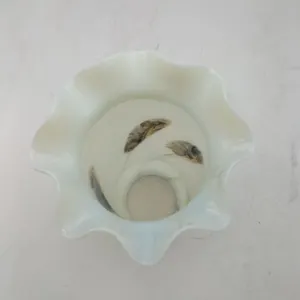 Antique Victorian Vaseline Uranium Glass Lamp Shade - Pulled Feather Design