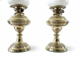 Vintage Messenger Brass Oil Lamps Pair w/ Harrods Burner & Tulip Shades 21"