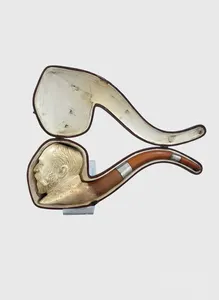 Antique Large Meerschaum & Amber Pipe Carved King Edward VII Bust w/ Case