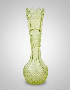 Antique Vaseline Pearline Glass Vase Cut Detail Lime Green Top Ground Base Used
