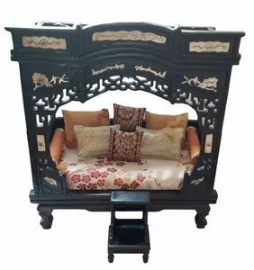 Vintage Dollhouse Chinese Rosewood MOP Carved 4 Poster Day Bed w/ Steps Used