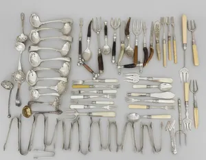 98 PC Antique Silver Plated Horn Mother Of Pearl Handle Forks Ladles Cutlery