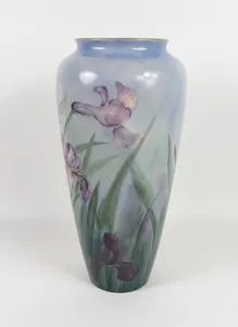 American Belleek Hand Painted Iris Floral Porcelain Tall Vase Used