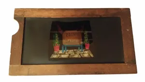 ANTIQUE MAGIC LANTERN WOOD FRAME MECHANICAL SLIP SLIDE HOGS HEAD BARREL PIG