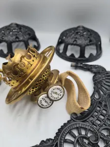 Original Antique Pair Hinks Cast Iron Wall Mount Oil Lamps - Cranberry Glass