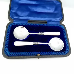 Pair Sterling Silver Mother of Pearl Handle Spoons Cased Cooper Bros 1910