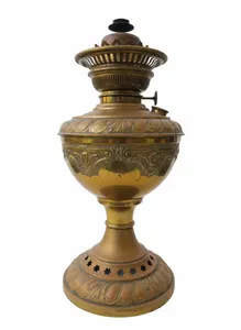 ANTIQUE CENTRAL DRAUGHT BRASS TABLE OIL LAMP - Dented Font, Solder Repair