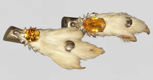 Vintage Set of 2 White Metal Grouse Claw Brooches Amber Gemstones VGC