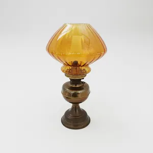 Vintage Antique Duplex Double Burner Brass Oil Lamp w/ Glass Shade & Chimney Used