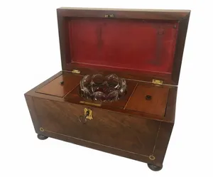 REGENCY BRASS INLAID CARVED FLAME MAHOGANY SARCOPHAGUS TEA CADDY C1830'S
