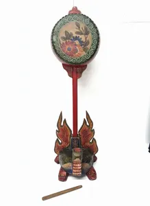 Vintage Tibetan Ceremonial Drum - Hand Painted Turtle Base - Decorative & Tall