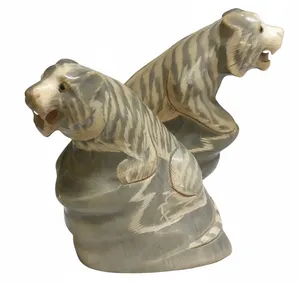 Pair Vintage Carved Polished Buffalo Horn Tiger Figurines VGC