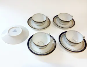 RUSSIAN IMPERIAL PORCELAIN KORNILOV BROS Tea Set 4 Cups 5 Saucers Blue Gold 19th C