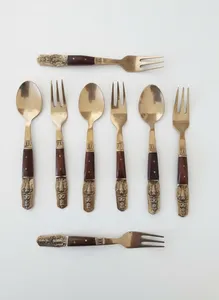 32 Piece Vintage Thailand Bronze Rosewood Teak Cutlery Set