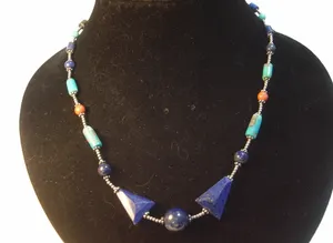 SUPERB VINTAGE SOLID SILVER LAPIS LAZULI-CORAL & TURQUOISE NAVAJO NECKLACE-18"