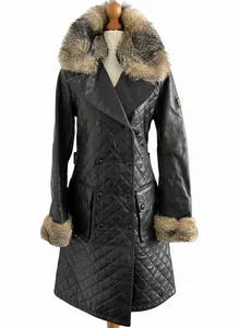 Ladies BELSTAFF Black Quilted Leather Double-Breasted Trench Coat Fur Trim NEW