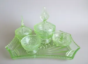 Art Deco Rare Sowerby 2590 Uranium Vaseline Glass Dressing Table Set 5 Pieces