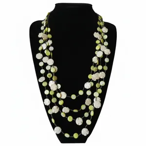 Multi Strand 4 Row Statement Necklace Green Mother of Pearl Shell Bead Used