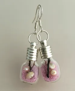 Pair of Handmade Glass Bottle Earrings Seashell Pearl Sea fan Pink Caviar