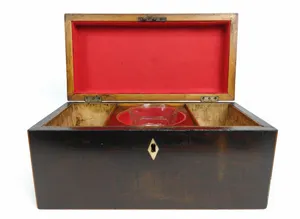 Antique Mahogany Sarcophagus Tea Caddy Box with Key, 3 Comp. & Mixing Bowl
